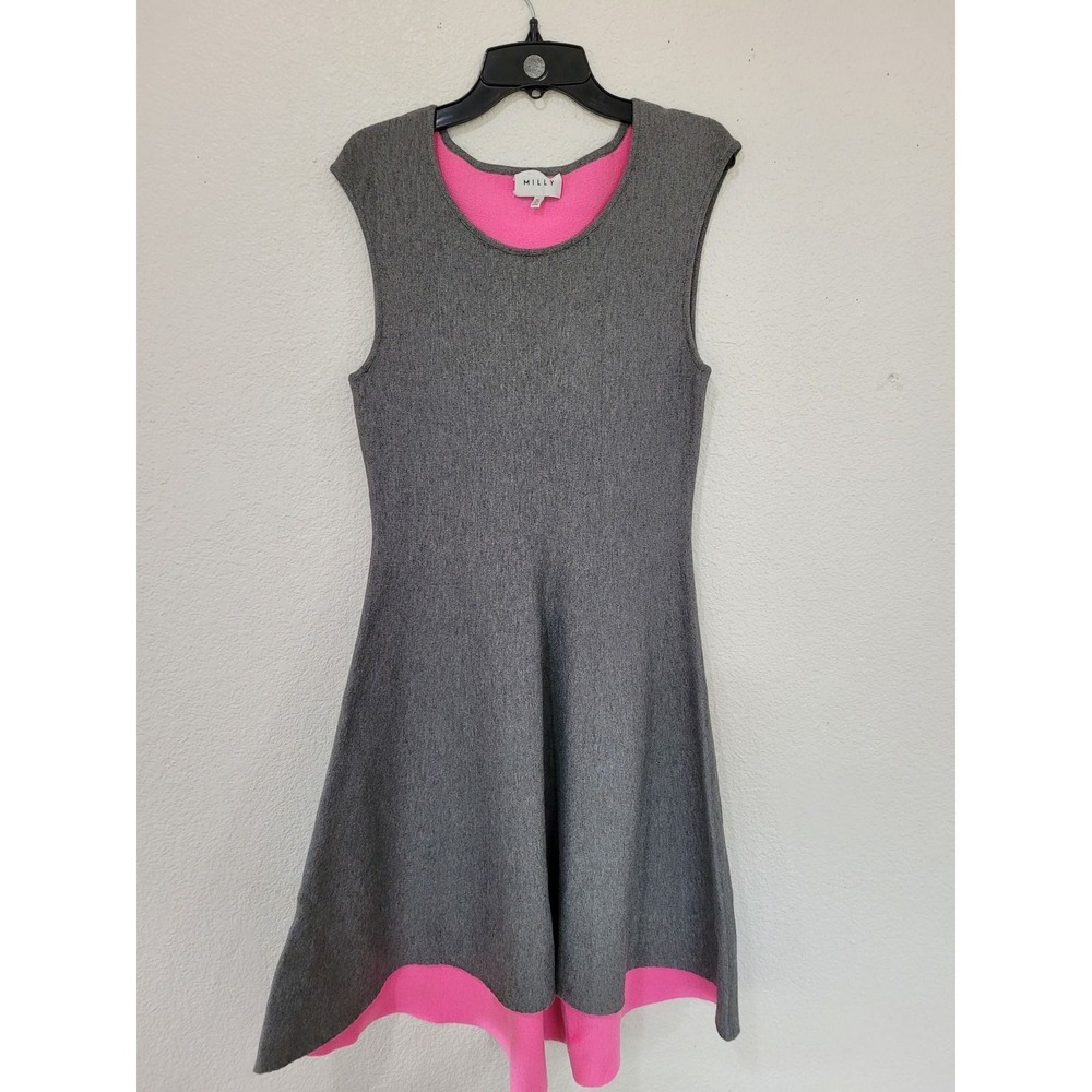 Milly Womens Gray Pink Contrast Hem Fit Flare Knit Dress Size Medium Sleeveless